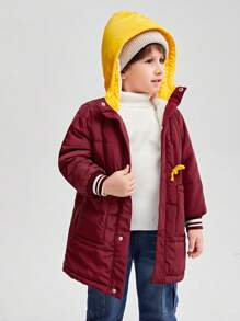 SHEIN Cappotto imbottito con cappuccio, vita con coulisse e dettagli a contrasto, foderato termicamente per ragazzo giovane - Bordò - Visualizzare 6