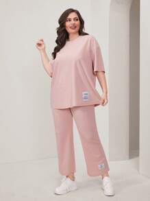 Mulvari Hơn Slogan Đã vá Áo thun Thả vai & Quần - Màu Hồng baby - Xem 1