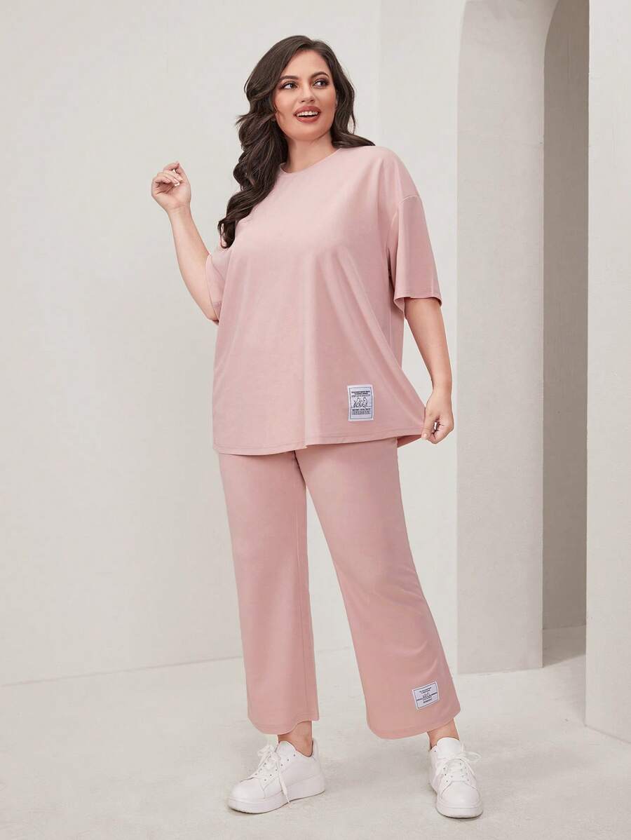 Mulvari Hơn Slogan Đã vá Áo thun Thả vai & Quần - Màu Hồng baby - Xem 1