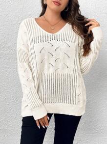 Celure Plus Pointelle Knit Drop Shoulder Sweater - Beige - View 1