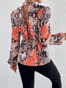 SHEIN Clasi In Da rắn Ren lên trở lại Tay áo lồng đèn Áo sơ mi Peplum - Nhiều màu - Xem 1