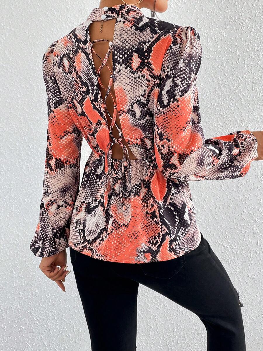 SHEIN Clasi In Da rắn Ren lên trở lại Tay áo lồng đèn Áo sơ mi Peplum - Nhiều màu - Xem 1