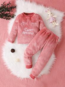 Young Girl Embroidered Eyelash Detail Flannel Homewear Set