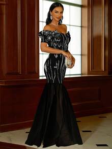 Missord Off Shoulder Sequin Mesh Hem Formal Dress - Black - View 3