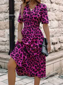 SHEIN LUNE Leopard Print Half Button Dress - Hot Pink - View 3