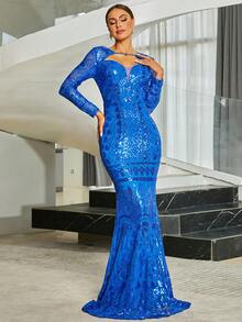 Missord Cut Out Front Sequin Dress - Blue - View 7