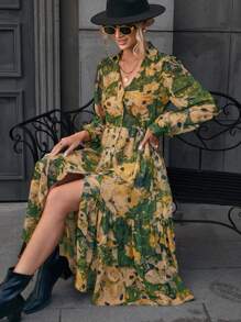 Aveloria Floral Print Lantern Sleeve Ruffle Hem Shirt Dress - Multicolor - View 1