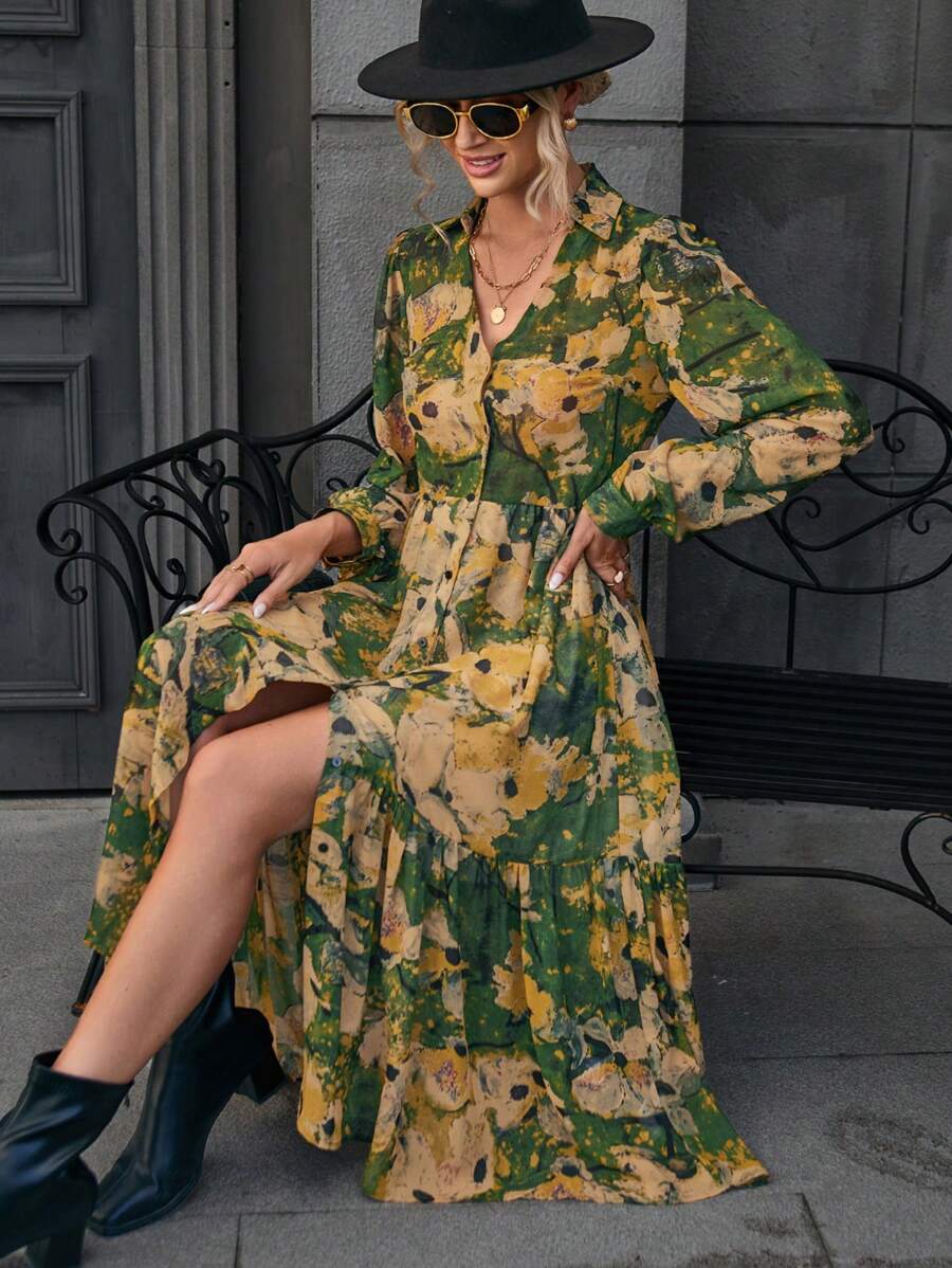 Aveloria Floral Print Lantern Sleeve Ruffle Hem Shirt Dress - Multicolor - View 1