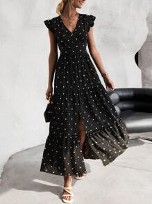 SHEIN Clasi 波點圖案荷葉邊洋裝 - 黑色 - 查看 1