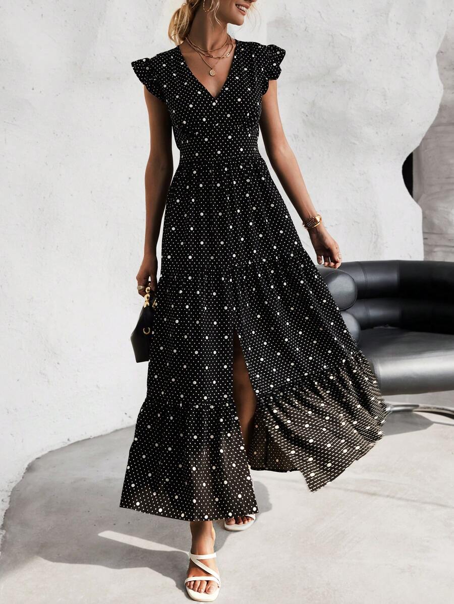 SHEIN Clasi 波點圖案荷葉邊洋裝 - 黑色 - 查看 1