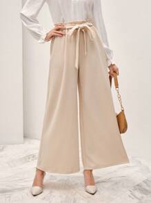 SHEIN Frenchy Nếp gấp cao eo Thắt lưng Quần ống rộng - Màu be - Xem 4