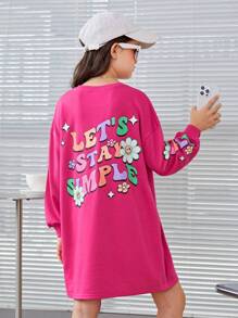 SHEIN 女大童標語&印花落肩袖衛衣洋裝 - 玫紅色 - 查看 1