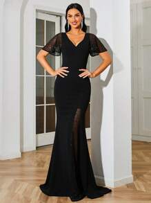 Missord 網紗拼接高衩魚尾裙下擺派對禮服 - 黑色 - 查看 1