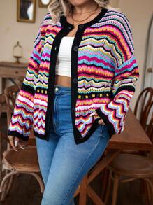 Calvaya Plus Chevron Pattern Drop Shoulder Pointelle Knit Cardigan, For Winter - Multicolor - View 4
