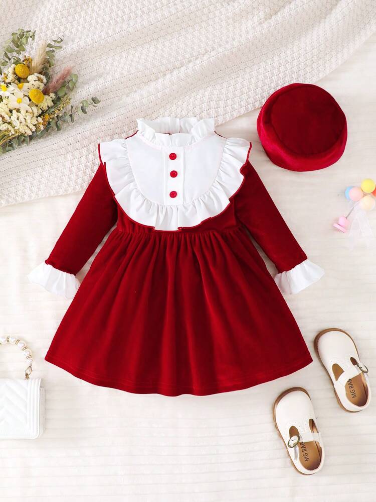 Baby Girl Ruffle Trim Flounce Sleeve Dress & Hat, For Christmas