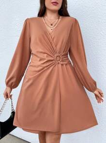 Calvaya Plus Ring Linked Lantern Sleeve Dress - Apricot - View 4