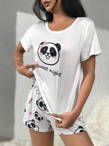 Panda & Slogan Graphic White Top & Shorts PJ Set / Pajama Set With Eye Mask Bridallingerie - White - View 5