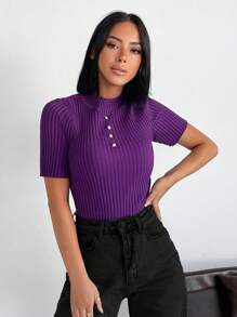 RueChic Solid Mock Neck Knit Top - Purple - View 3
