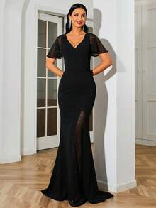 Missord 網紗拼接高衩魚尾裙下擺派對禮服 - 黑色 - 查看 6