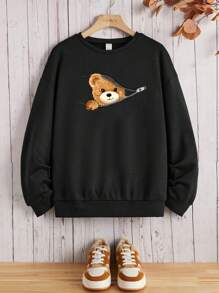 Teen Girl Bear Print Drop Shoulder Sweatshirt - Black - View 1