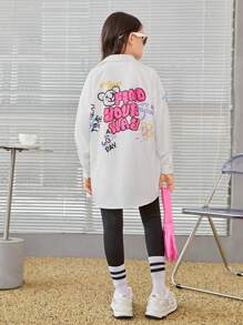 SHEIN Leap Crew Tween Girl Slogan & Cartoon Graphic Drop Shoulder Shirt