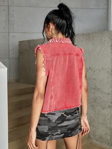 Rave Retro Màu hồng Ngọc trai đính cườm Xén Thô Tops Denim Áo khoác vest - Màu Hồng  Dưa hấu - Xem 2