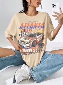 SHEIN EZwear Đồ họa ô tô và chữ cái Thả vai Áo phông Quá khổ - Màu be - Xem 7