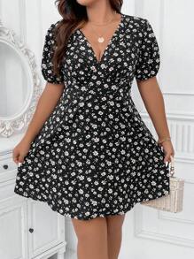 SHEIN Clasi 碎花印花泡泡袖夏季波西米亚风连衣裙 - 黑色 - 查看 5