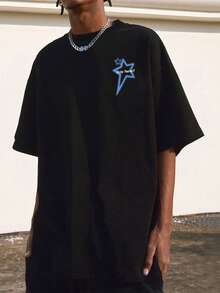 Nam Slogan & In Sao Áo thun Thả vai - màu đen - Xem 4