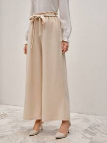 SHEIN Frenchy Nếp gấp cao eo Thắt lưng Quần ống rộng - Màu be - Xem 6
