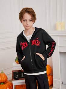 SHEIN 青少年男孩单件字母图案拉链卫衣 - 黑色 - 查看 4