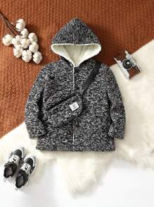 SHEIN Áo khoác trùm đầu phong cách đường phố thoải mái cho bé trai, dáng rộng, lót gấu bông, có mũ và túi (không có áo len) mùa đông - Màu xám đen - Xem 5