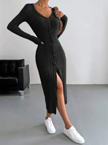 SHEIN EZwear Spring DressRibbed Knit Button Front Bodycon Dress
