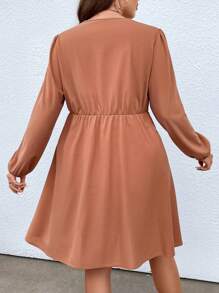 Calvaya Plus Ring Linked Lantern Sleeve Dress - Apricot - View 2