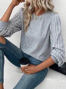 EMERY ROSE Chất rắn Tay áo Đèn lồng Áo thun - Xám - Xem 1