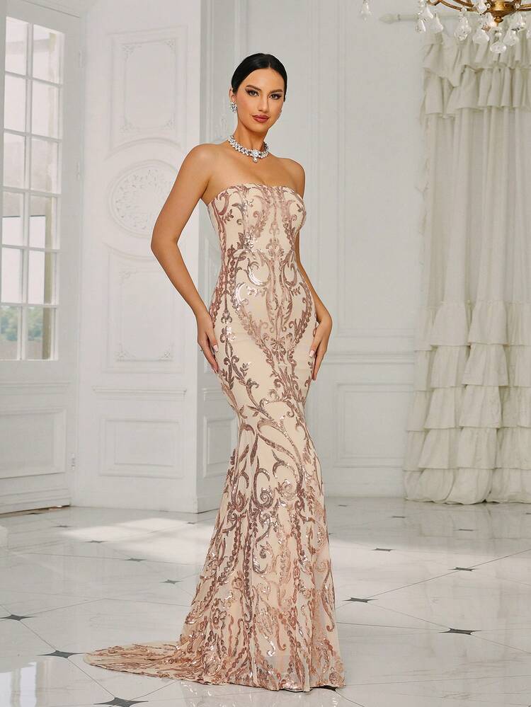 Missord Sequin Tube Formal Party Dress Elegant Prom Evening Wedding Guest Gown, For Graduation, Dinner - Rose Gold - View 1