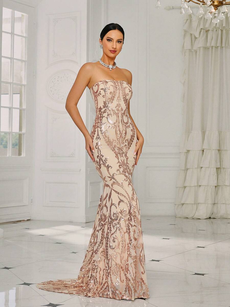 Missord Sequin Tube Formal Party Dress Elegant Prom Evening Wedding Guest Gown, For Graduation, Dinner - Rose Gold - View 1