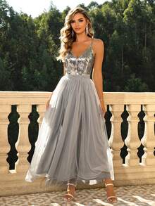 Joyfunear Vestido de tirantes con lentejuela en contraste de malla