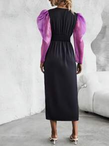 SHEIN Clasi เดรส บล็อคสี จับจีบ ผ่าสูง - สีดำ - ดู 4