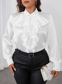 SHEIN Privé Plus Jabot Collar Lantern Sleeve Shirt - White - View 1
