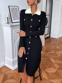 优雅针织连衣裙，有领，长袖，百搭秋冬时尚，女士欧式长裙，长款派对连衣裙 - 黑色 - 查看 3