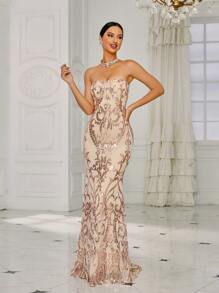 Missord Sequin Tube Formal Party Dress Elegant Prom Evening Wedding Guest Gown, For Graduation, Dinner - Rose Gold - View 6