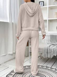 Muchica 女士休闲纯色连帽衫和裤子两件套，秋季 - 米色 - 查看 2