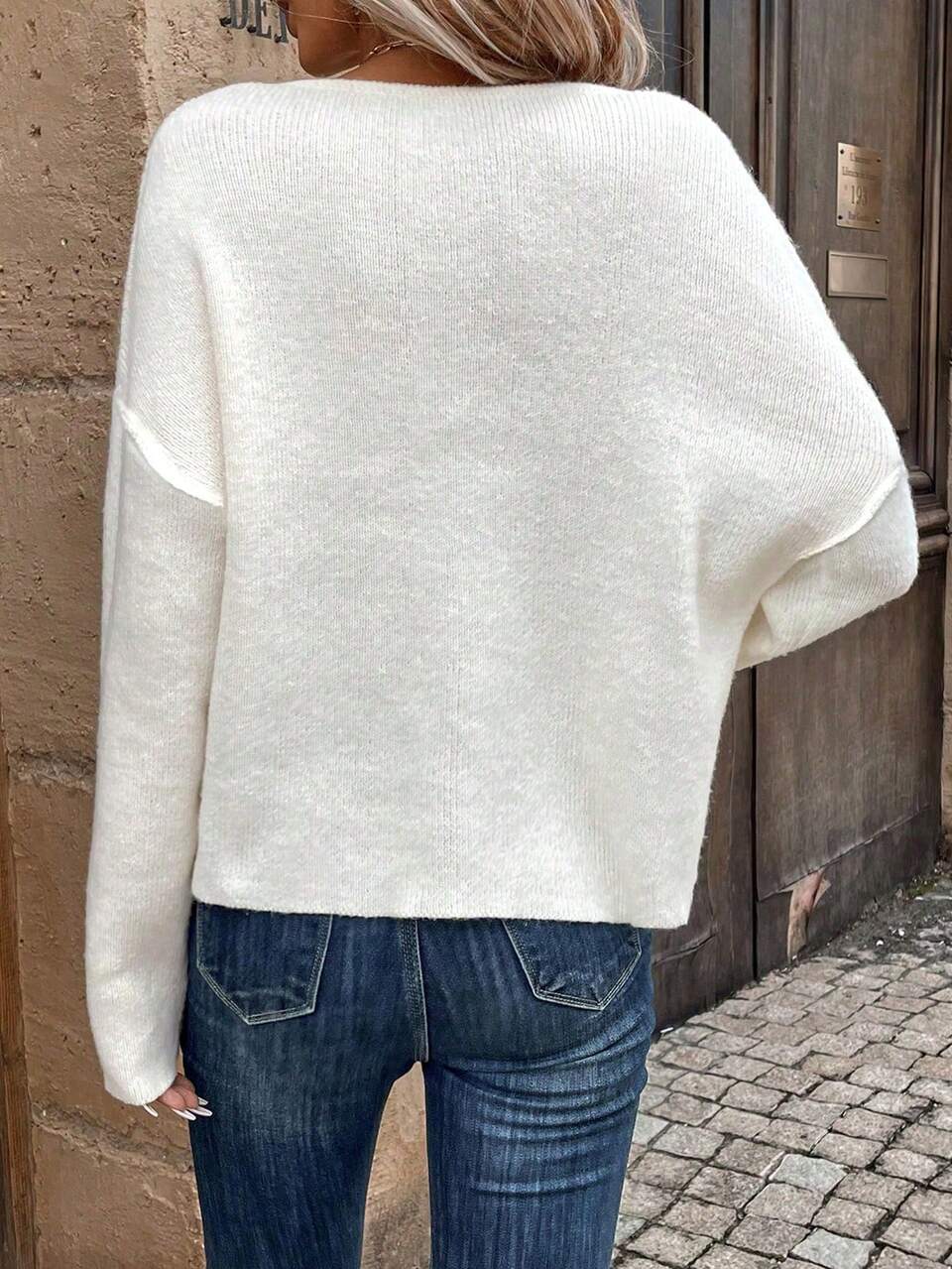Notched Neck Drop Shoulder Knit Pullover Fall Winter Sweater