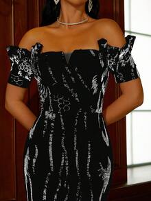Missord Off Shoulder Sequin Mesh Hem Formal Dress - Black - View 4