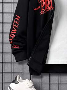 SHEIN 青少年男孩单件字母图案拉链卫衣 - 黑色 - 查看 11