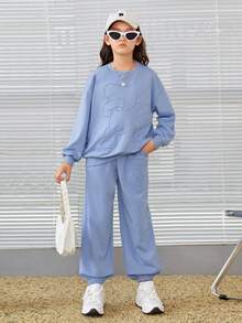 SHEIN 女大童熊壓花落肩袖套頭衫和運動褲 - 淺藍色 - 查看 4