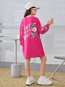 SHEIN 女大童標語&印花落肩袖衛衣洋裝 - 玫紅色 - 查看 5