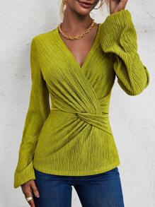 SHEIN Clasi Mặt trước xoắn Tay áo lồng đèn Áo thun - Màu xanh Ô liu - Xem 2