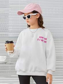 SHEIN Tween Girl Slogan Graphic Drop Shoulder Sweatshirt - White - View 6